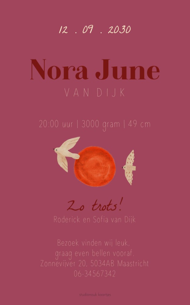 Achterkant geboortekaartje Nora met zachte roze tinten en minimalistisch design – stijlvolle opmaak van Atelier Lux