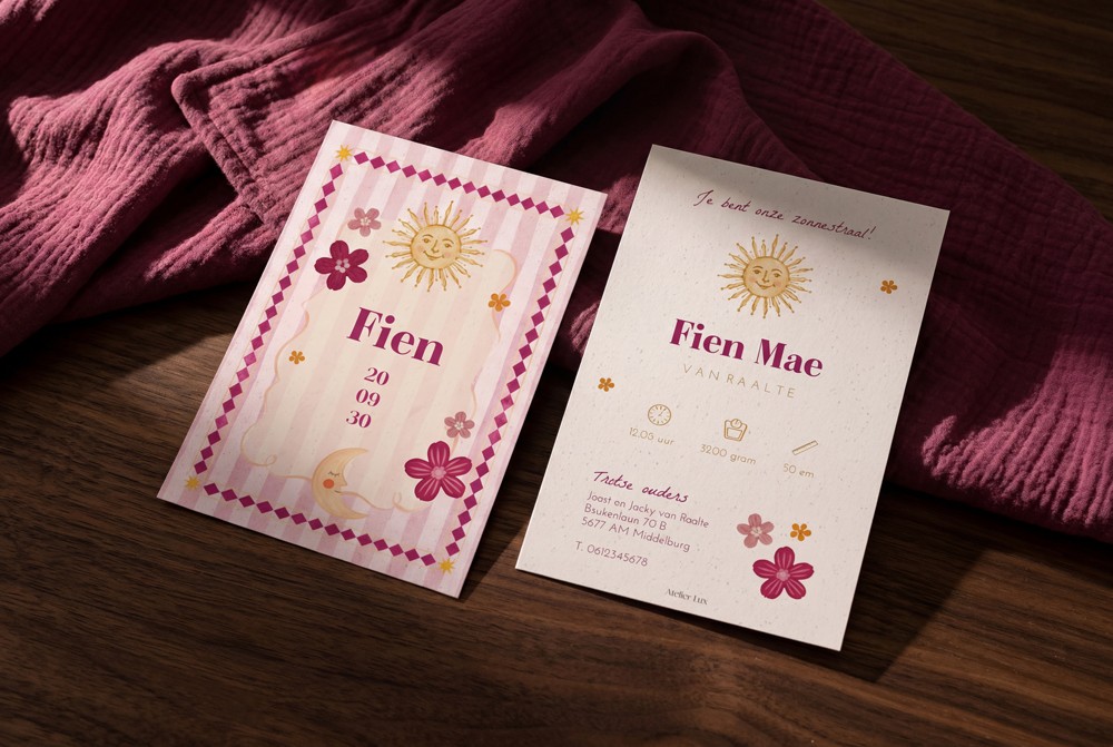 Geboortekaartje Fien met roze bloemen, zonnetje en grafisch ruitjeskader.