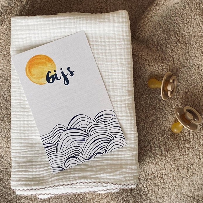 Geboortekaartje blauwe golven zee - Zon en maan - Gijs