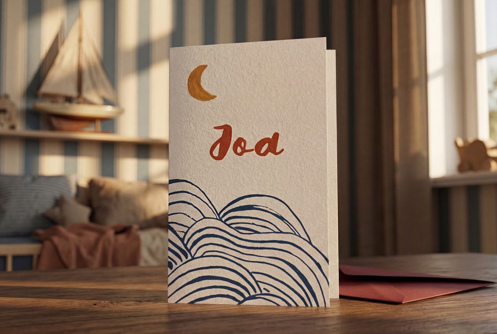 Geboortekaartje Joa met handgetekende golven van de zee op luxe aquarelpapier in warme jongenskamer
