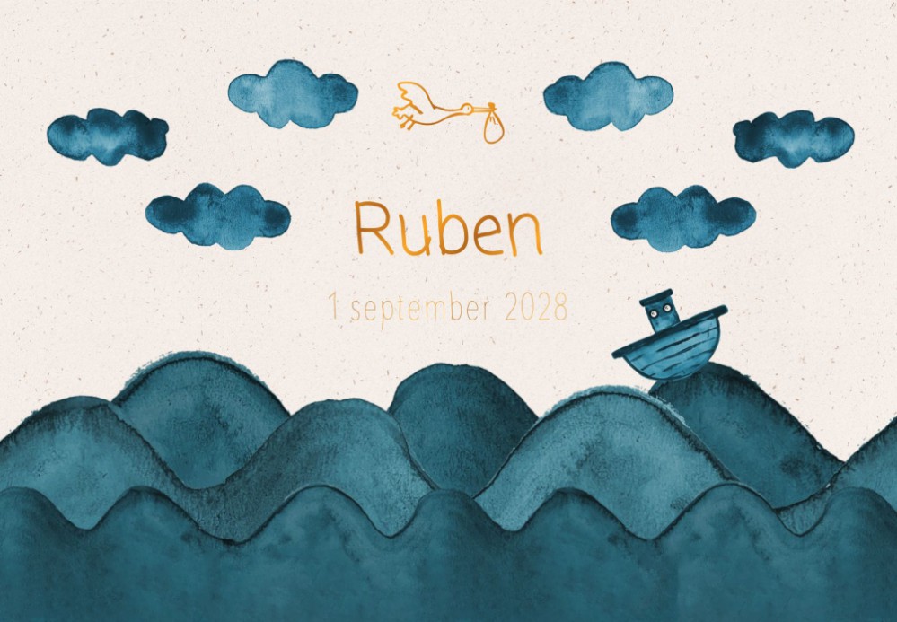 Geboortekaartje zee golven bootje waterverf - Ruben