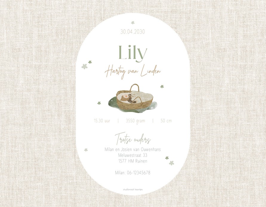vintage geboortekaartje wiegje in het gras 