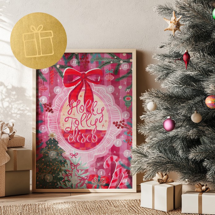 Een kleurrijke kerst aftelposter met 15 genummerde vakjes en vrolijke winterse illustraties zoals sneeuwvlokken, kerstbomen en cadeautjes